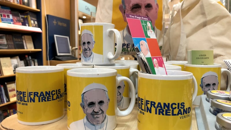 Pope Francis mugs among some of the range of memorabilia and souvenirs on sale at the Veritas store on Dublin’s Abbey Street. Photograph: Bryan O’Brien