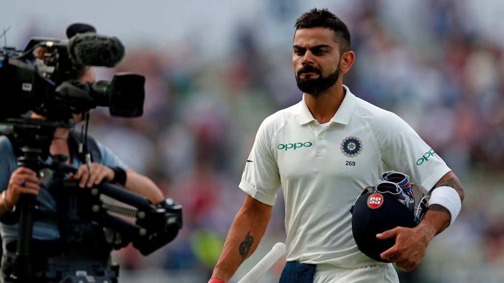 India’s captain Virat Kohli walks off the pitch at the end of play during the third day of the First Test against England at Edgbaston in Birmingham. Photograph: Adrian Dennis/AFP/Getty