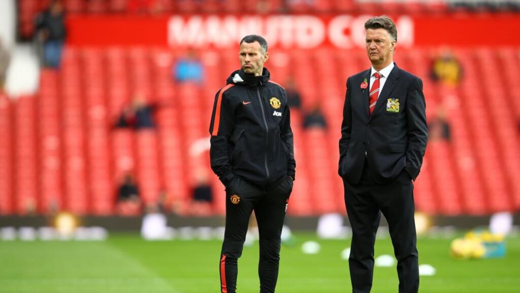 Manchester United Manager Louis van Gaal looks on at a training session with his Assistant Ryan Giggs earlier this month. Photograph: Richard Heathcote/Getty Images