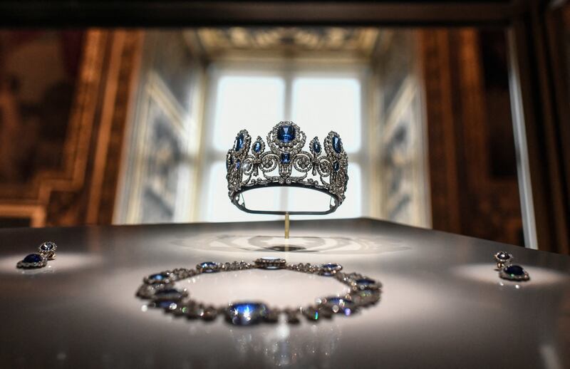 A set of jewelry displayed at the Louvre which was stolen on Sunday morning. Photograph: Stephane de Sakutin/AFP via Getty Images