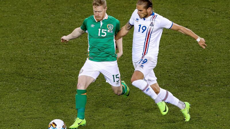Daryl Horgan beats Rúrik Gíslason. Photo: Tommy Dickson/Inpho