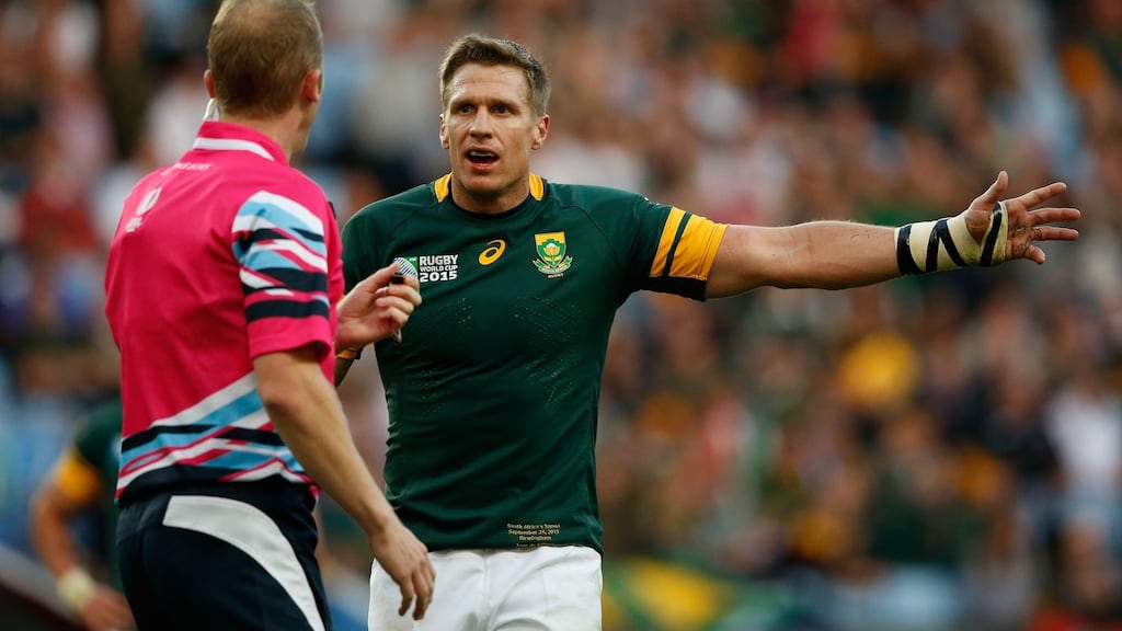 South Africa captain Jean De Villiers has been ruled out of the Rugby World Cup with a fractured jaw. Photograph: Getty