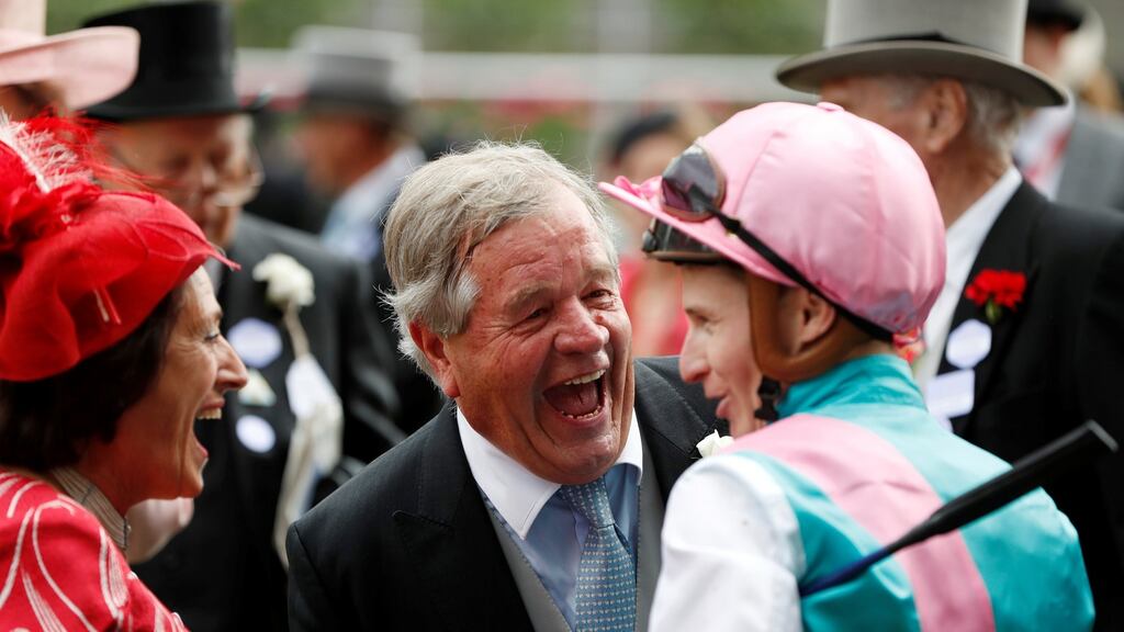 Expert Eye’s  jockey James McDonald celebrates winning the  Jersey Stakes with trainer Michael Stoute  at Royal Action. Photograph: Reuters