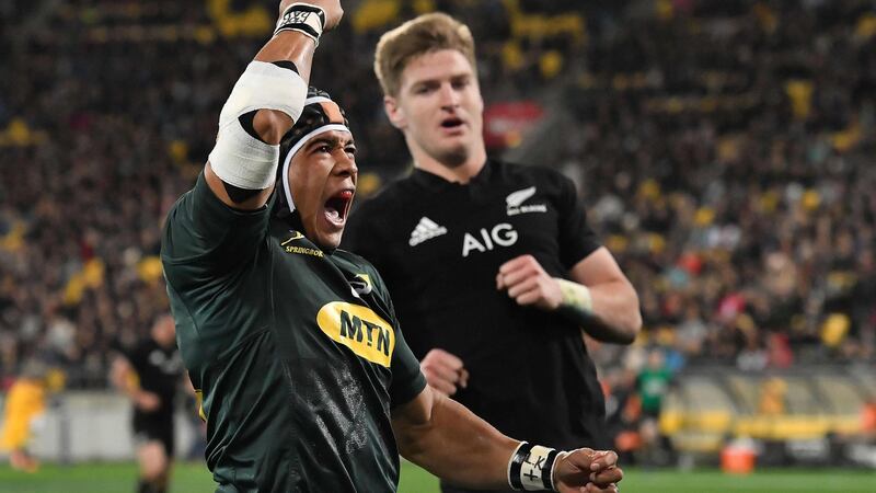 South Africa’s Cheslin Kolbe celebrates his score in the Springboks’ famous win over New Zealand. Photograph: Marty Melville/AFP/Getty