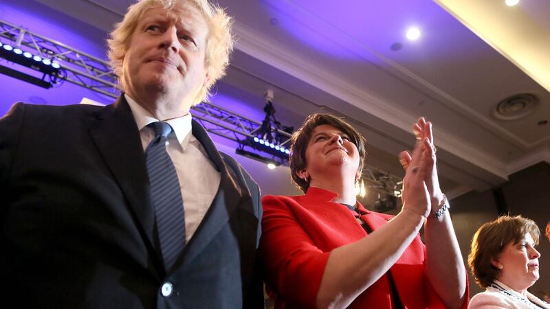 Former British foreign secretary Boris Johnson with    DUP leader Arlene Foster at the DUP annual conference in Belfast on Saturday. Photograph: Paul Faith/AFP/Getty Images