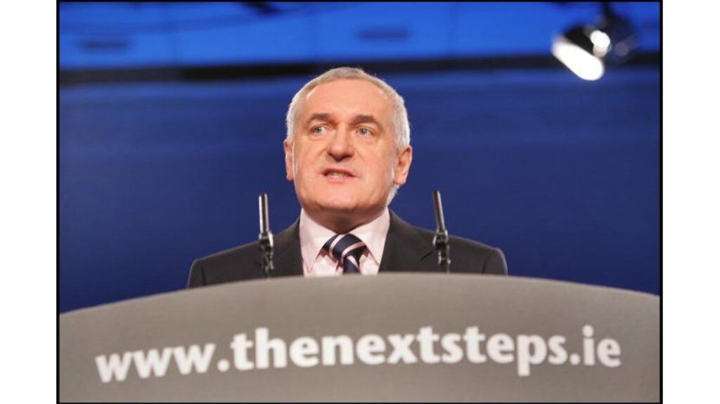 Taoiseach Bertie Ahern giving the leader's speech at the 71st
Fianna Fáil ardfheis in Citywest Hotel in Dublin on
Saturday.