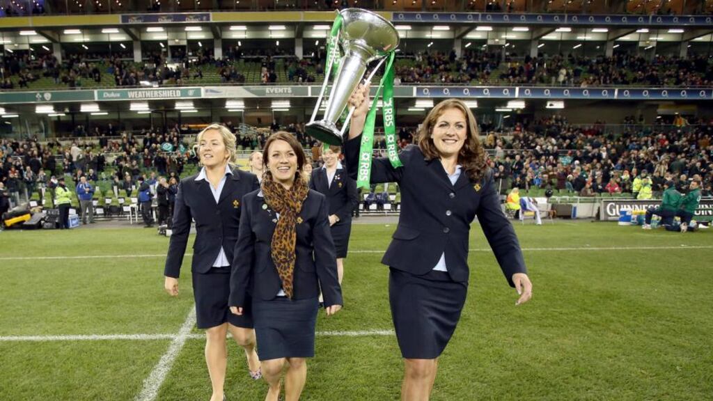 Lynne Cantwell and Fiona Coughlan along with teammates acknowledge the crowd before the Autumn Series Test against Samoa at the Aviva Stadium. Photograph: Inpho