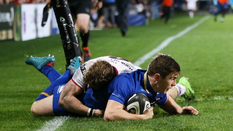 Leinster’s Luke McGrath scores their second  try. Photograph: Darren Kidd/Inpho