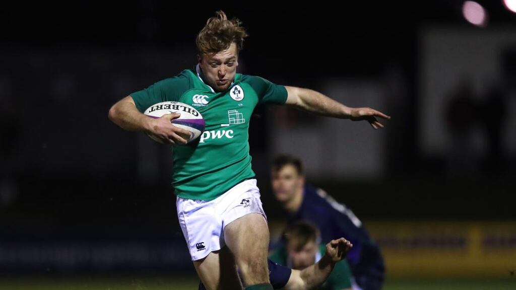 Ireland’s Liam Turner is tackled by Robbie McCallum of Scotland during the Under-20 Six Nations Championship match at Netherdale in Galashiels. Photograph: James Crombie/Inpho