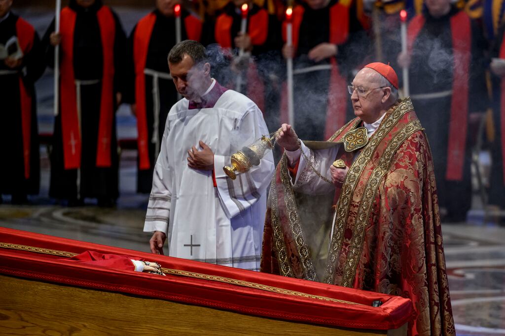 Cardinal Kevin Farrell at the coffin of Pope Francis in St Peter's Basilica, Rome, on Wednesday. Photograph: Antonio Masiello/Getty