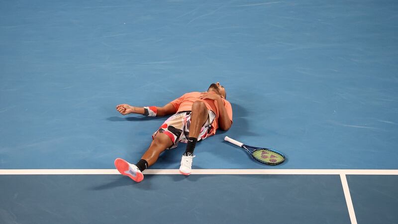 Nick Kyrgios reacts during his four set defeat to Rafael Nadal in Melbourne. Photograph: David Gray/Getty/AFP