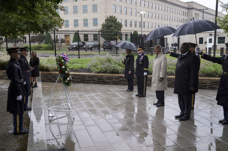 US president Joe Biden invoked the memory of America’s united response to the 9/11 attacks in a commemoration on Sunday at the Pentagon. Photograph: Leigh Vogel/UPI/Bloomberg