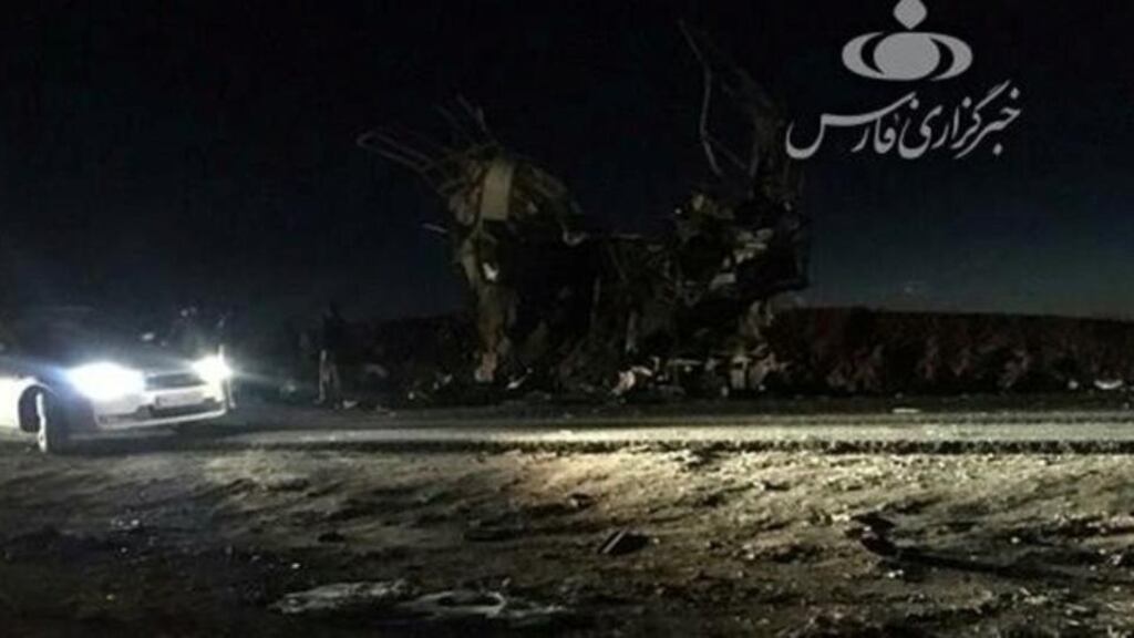 A car is seen at the site of the suicide attack on Revolutionary Guards on the road between the cities of Zahedan and Khash, Iran on February 13th, 2019 Photograph: Fars News/Handout/Reuters