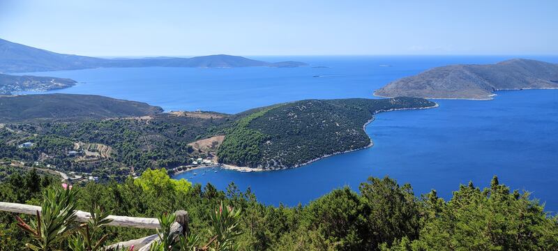 High angle view of sea and mountains against sky,Skyros,Greece