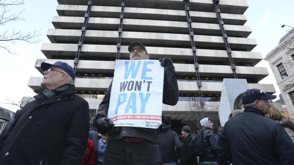 Anti-water charges protest at the Central Bank, Dublin last February. Photograph: Dave Meehan