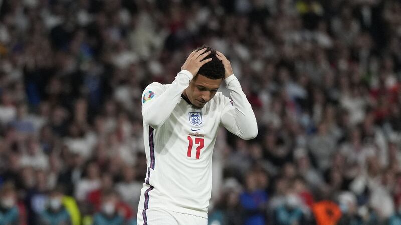 England’s forward Jadon Sancho fails to score in the penalty shootout. Photograph: Frank Augstein/Pool/AFP via Getty