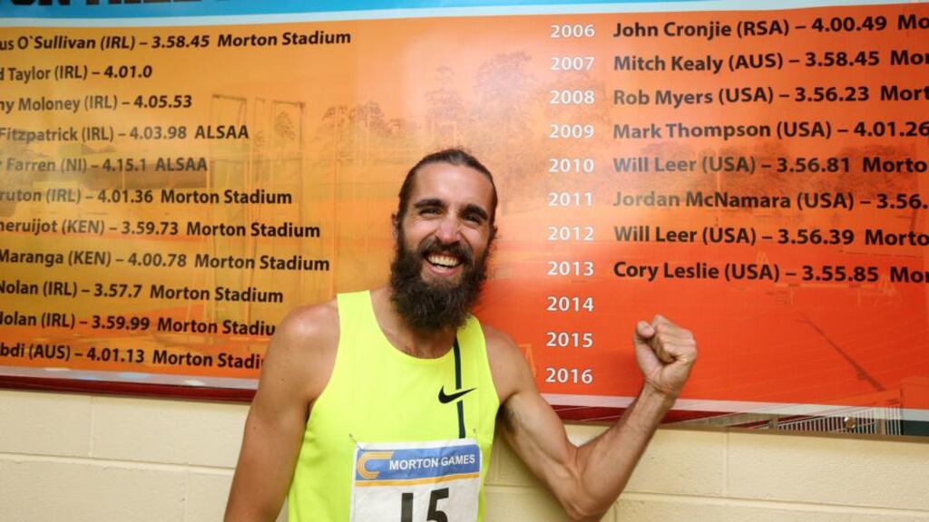 Will Leer of the USA celebrates last week after winning the Morton Mile in a time of 3:51.82 and breaking the stadium record that stood for 37 years. Photograph: Cathal Noonan