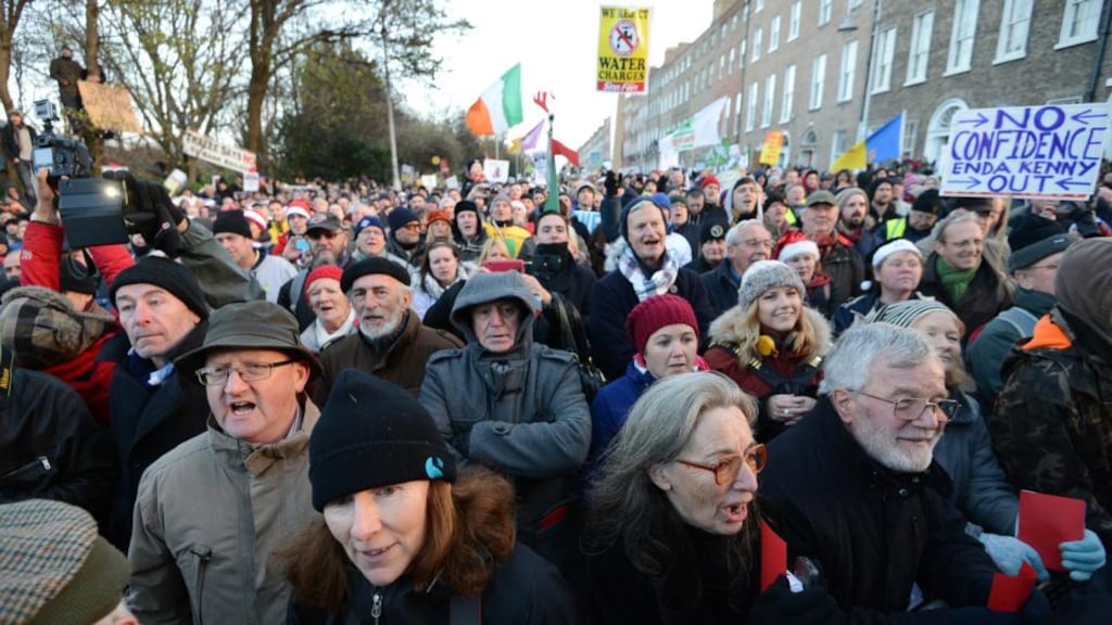Protesters at the anti-water charges protest at Merrion Square, Dublin. Photograph: Eric Luke