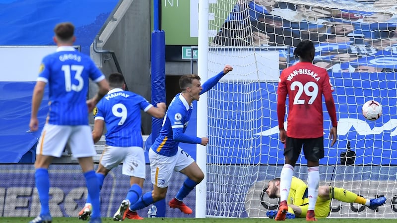 Solly March celebrates Brighton’s late equaliser against Manchester United. Photograph: Glyn Kirk/Getty/AFP