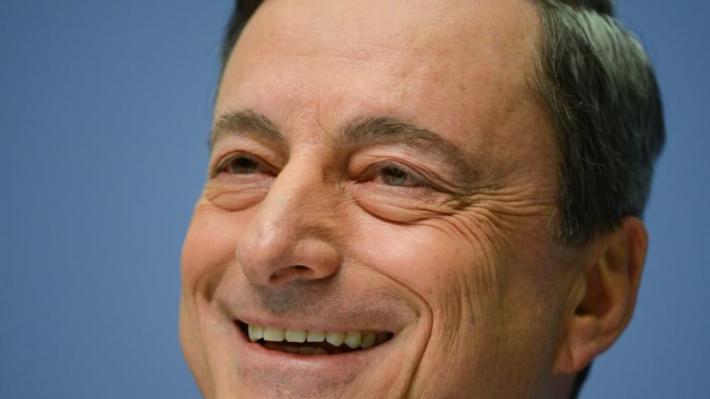 Mario Draghi smiles during Thursday’s ECB press conference in Frankfurt. Photograph: EPA