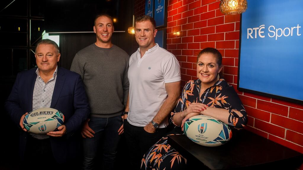 RTÉ rugby analyst team and presenters, Eddie O’Sullivan, Stephen Ferris, Jamie Heaslip and Fiona Coughlan. Photograph: David Fitzgerald/Sportsfile