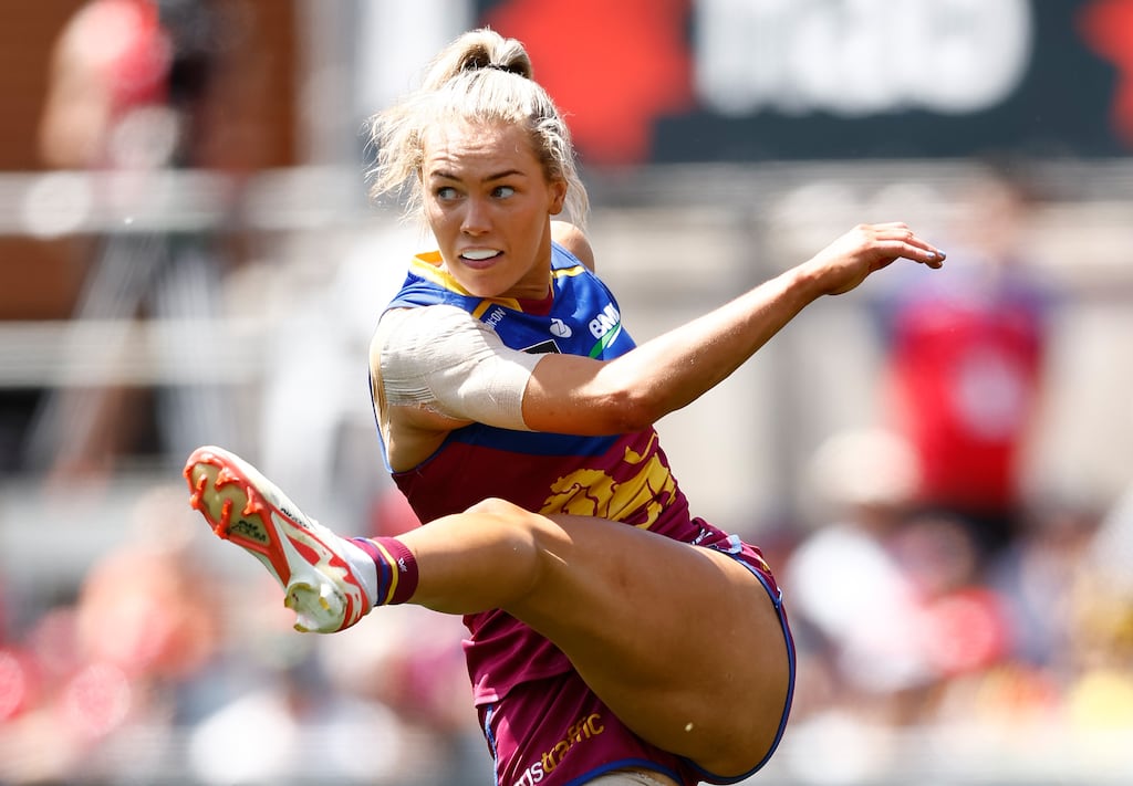 Orla O'Dwyer of the Lions kicks the ball during the 2023 AFLW Grand Final match between The North Melbourne Tasmanian Kangaroos and The Brisbane Lions. Photograph: Michael Willson/AFL Photos via Getty