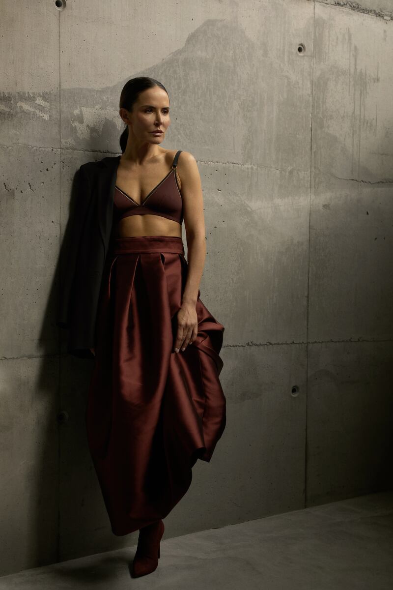 Full length mahogany red skirt €325, Helen McAlinden, worn with By Sophie X triangle bra €59