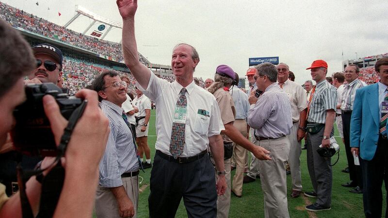 Charlton waves to the Ireland fans after the match against the Netherlands in Orlando at the 1994 World Cup. Photo: Billy Stickland/Inpho