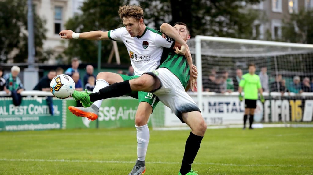 Cork City’s Kieran Saldier with Ryan Brennan of Bray Wanderers. Photograph: Ryan Byrne/Inpho