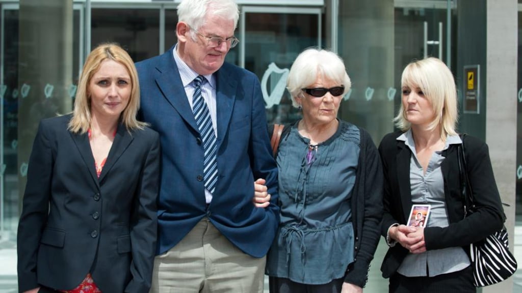 Stephen O’Meara’s friend Emma Doherty Dennison, parents John and Veronica O’Meara, and partner Catherine Greene outside court yesterday. Photograph: Collins Courts