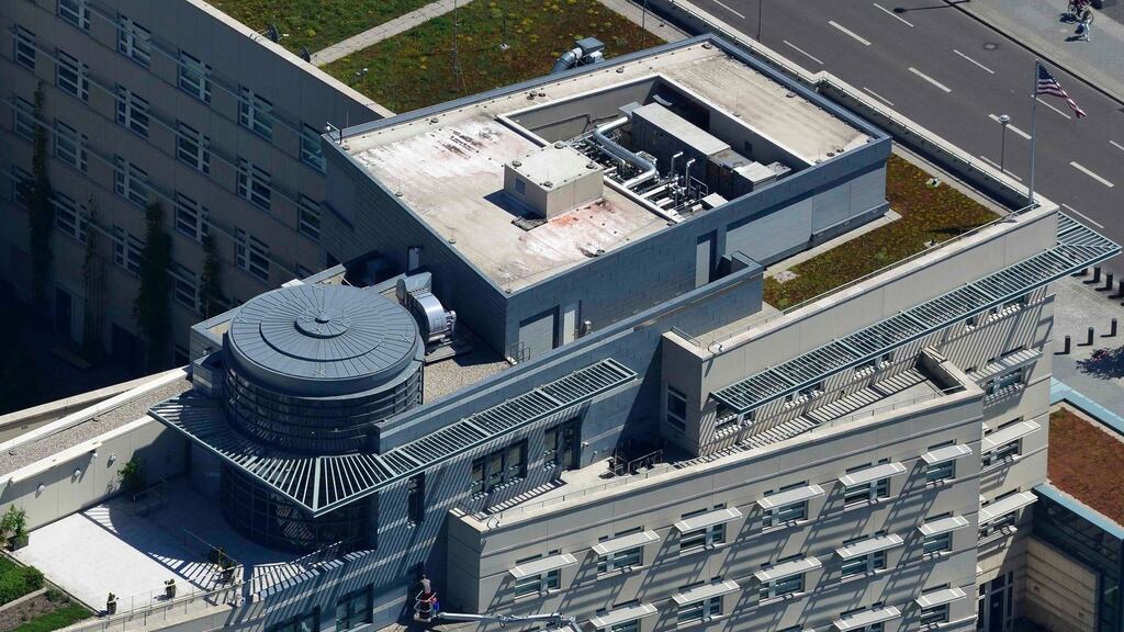 An aerial view taken shows cleaning works at the US embassy in Berlin. Photograph: Reuters/Euroluftbild.de/Robert Grahn