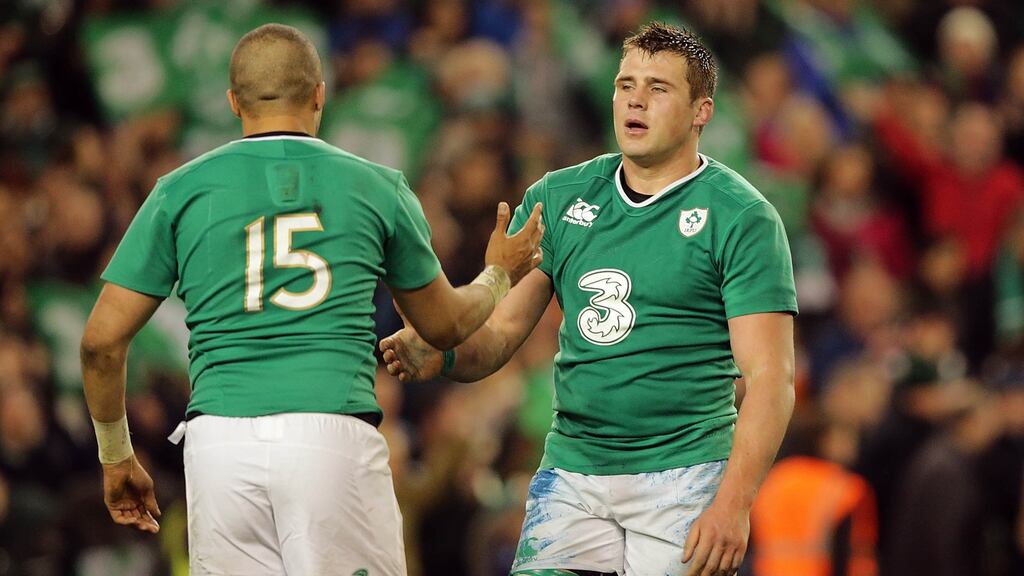 Ireland’s Simon Zebo and CJ Stander after victory over Scotland. Photograph: Morgan Treacy/Inpho