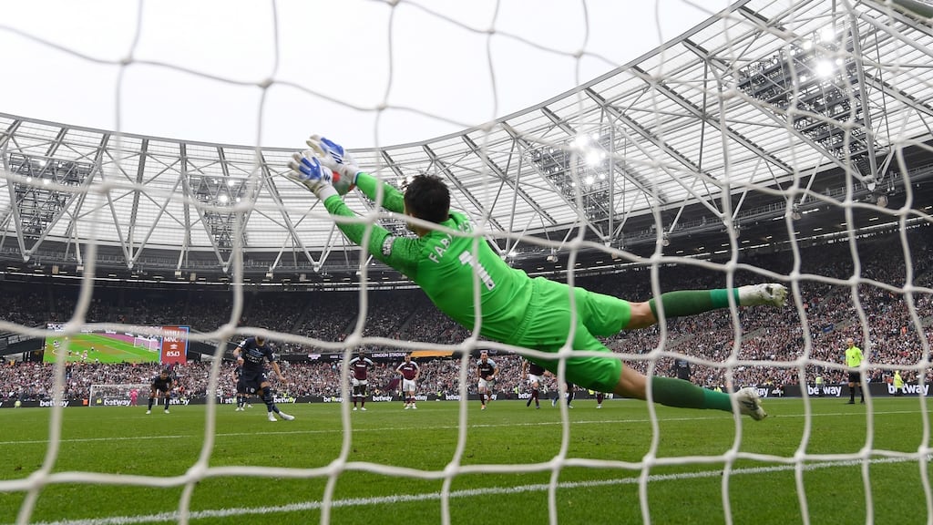 Lukasz Fabianski of West Ham United saves a penalty from Riyad Mahrez of Manchester City during the Premier League match at London Stadium. Photograph: Mike Hewitt/Getty