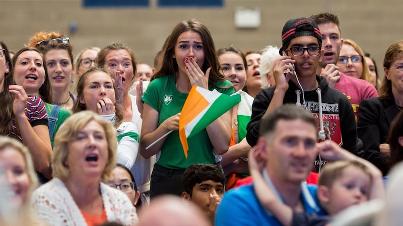 Scenes at the University of Limerick where people came to cheer Thomas Barr in his Olympic 400m Hurdle Final. Picture: Alan Place