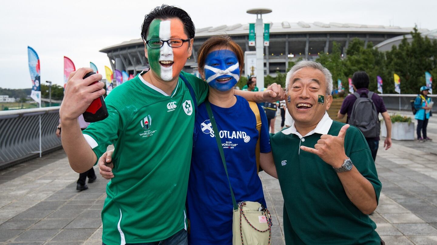 Happy fans at the International Stadium Yokohama for the Ireland vs Scotland game. Photograph: Craig Mercer/ ©INPHO