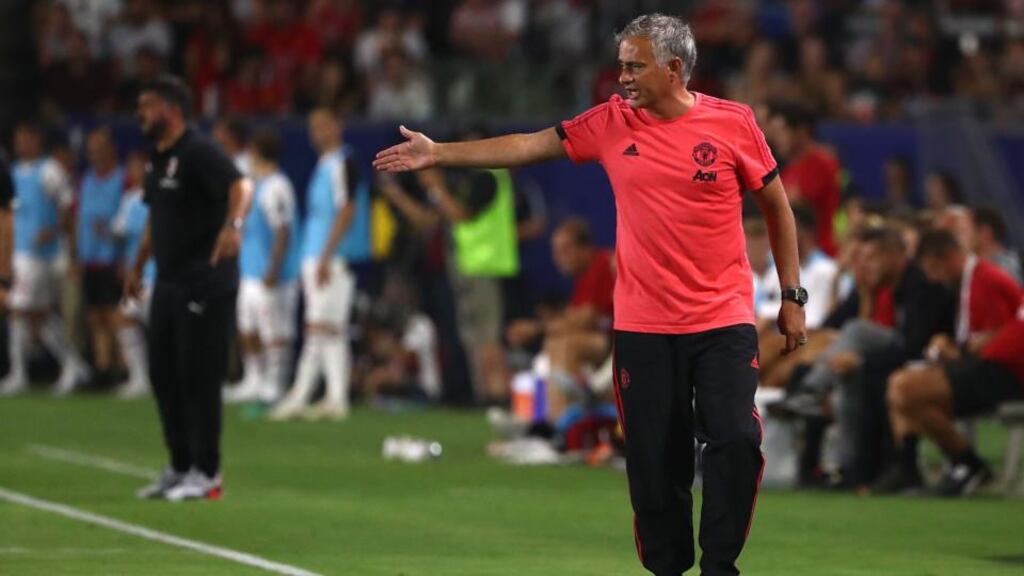 Manchester United  manager Jose Mourinho  paces the sideline during the International Champions Cup  match against  AC Milan in Carson, California.  Photograph: Victor Decolongon/Getty Images