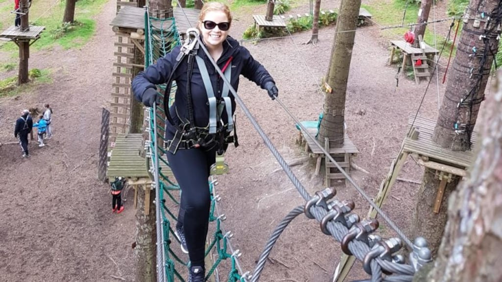 Rachel Flaherty at Zipit Forest Adventures in Tibradden Wood in the Dublin Mountains: “It was an intense workout, but I didn’t think about that while I was doing it.”
