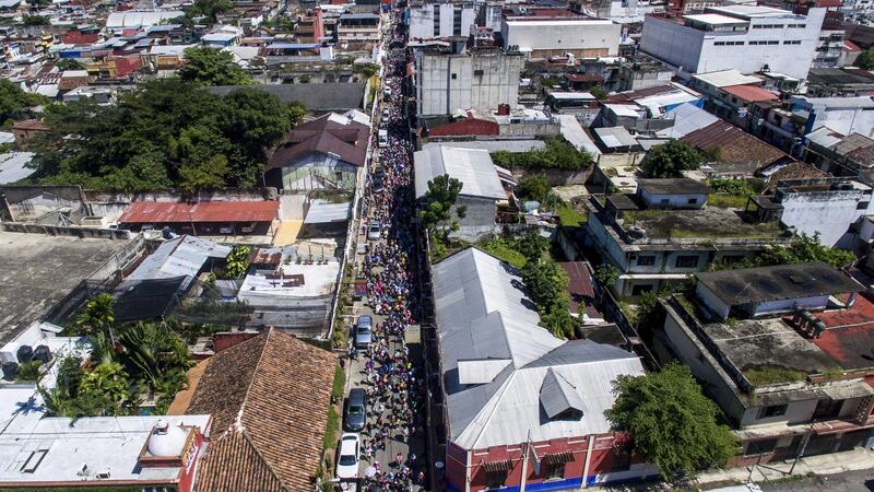 Honduran migrants heading in a caravan to the US, in Tapachula, Chiapas state, Mexico. Photograph: Pedro Pardo/AFP/Getty Images