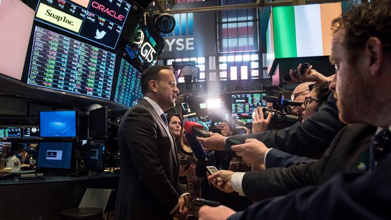 Taoiseach Leo Varadkar talking to the media on the floor of the New York Stock Exchange this week.