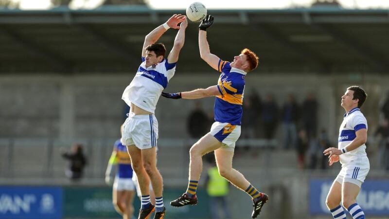 St Vincent’s Diarmuid Connolly jumps for the ball with Rob Shaw of Castleknock durig the Dublin SFC quarter-final match at Parnell Park on Sunday. Photograph: Laszlo Geczo/Inpho