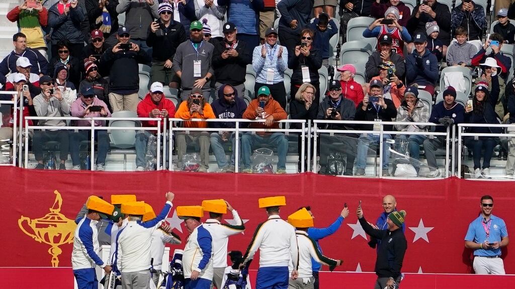 Team Europe wears cheeseheads on the first tee during a practice day at the Ryder Cup at the Whistling Straits Golf Course in Sheboygan, Wisconsin, US. Photograph: AP Photo/Jeff Roberson
