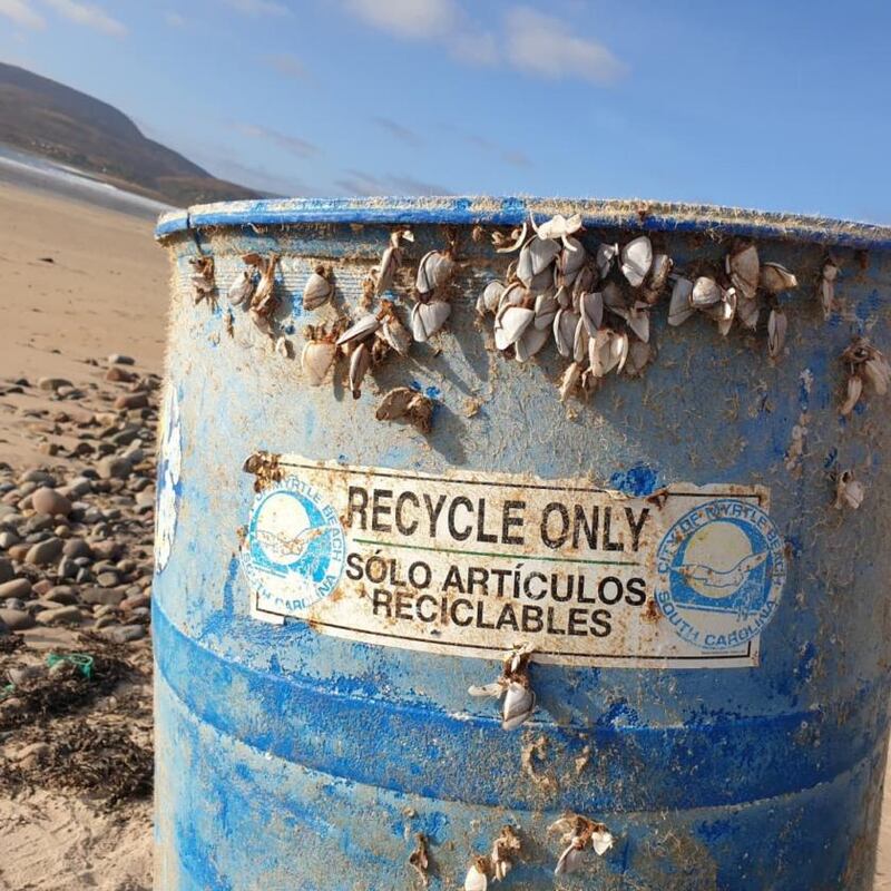 Washed up in Ireland: barnacles had grown on the recycling bin from Myrtle Beach. Photograph: Keith McGreal