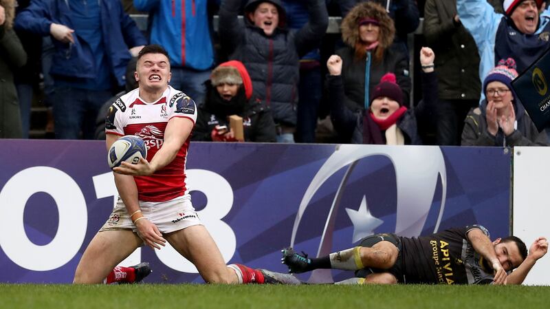 Jacob Stockdale celebrates his try in the first half. Photograph: Tommy Dickson/Inpho