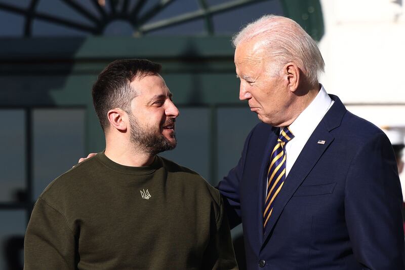 US president Joe Biden with his Ukrainian counterpart Volodymyr Zelenskiy on the south lawn of the White House in Washington DC. Photograph: Jim Lo Scalzo/EPA-EFE