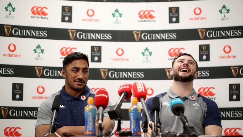 Bundee Aki and Robbie Henshaw at the Ireland Rugby press conference at the Sport Ireland campus in Blanchardstown, Dublin on Tuesday. Photograph: Dan Sheridan/Inpho
