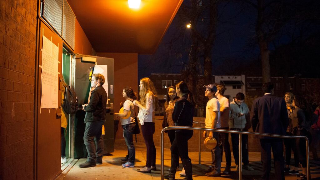 Voters wait outside a polling location for the 2016 US presidential election near Temple University in Philadelphia, Pennsylvania, US, November 8th, 2016. Photograph: Tracie Van Auken/EPA