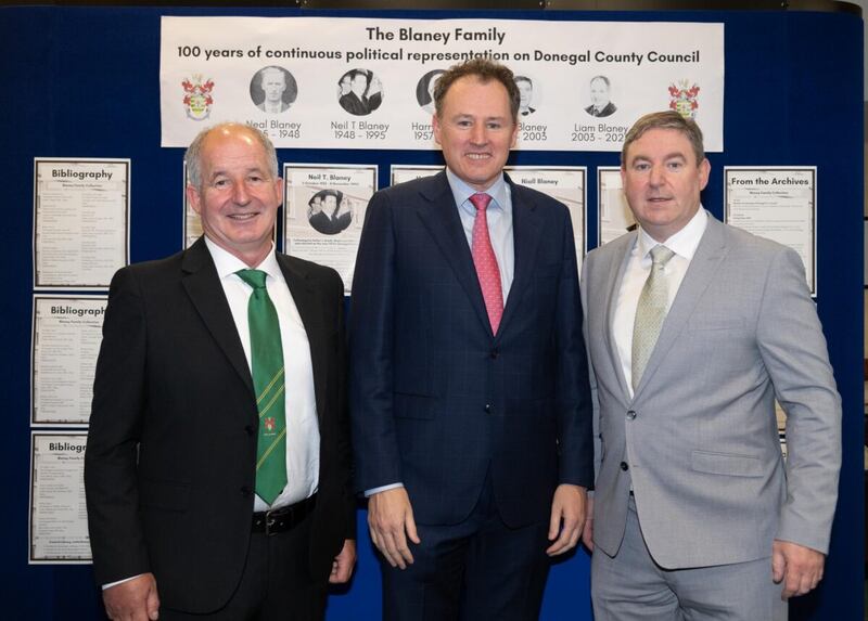 Cllr Liam Blaney, Charlie McConalogue TD and  Senator Niall Blaney at the County House, Lifford. Photograph: Clive Wasson