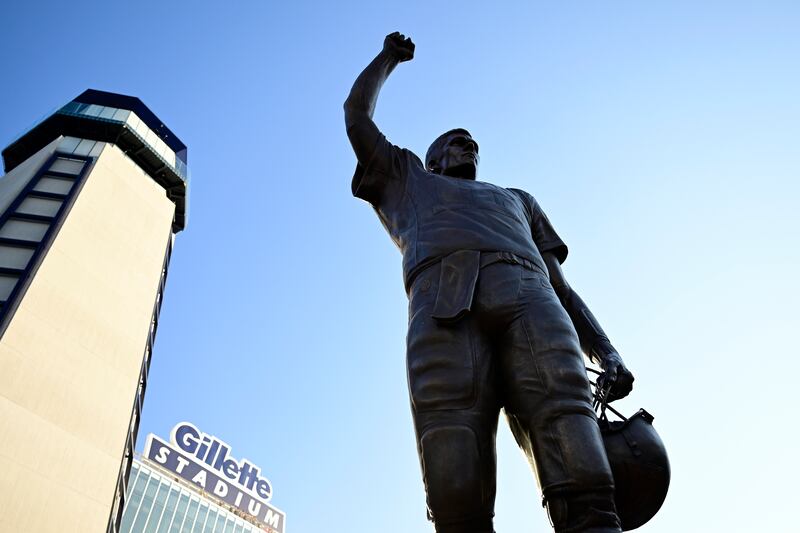 A general view of the statue of Tom Brady is seen at Gillette Stadium in Foxborough, Massachusetts. Photograph: Billie Weiss/Getty