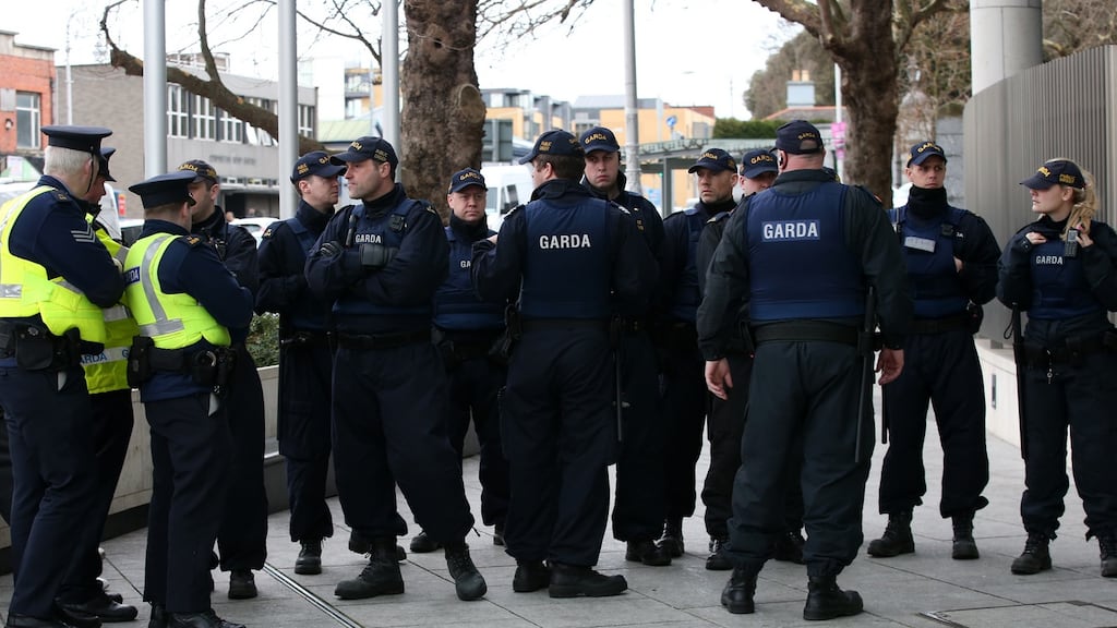 A large security presence outside the Special Criminal Court in Dublin earlier this year. In 2016, when the second Special Criminal Court began operation, its judges dealt with 60 offences or alleged offences. That dropped to 54 in 2017 and 51 last year. Photograph: Laura Hutton