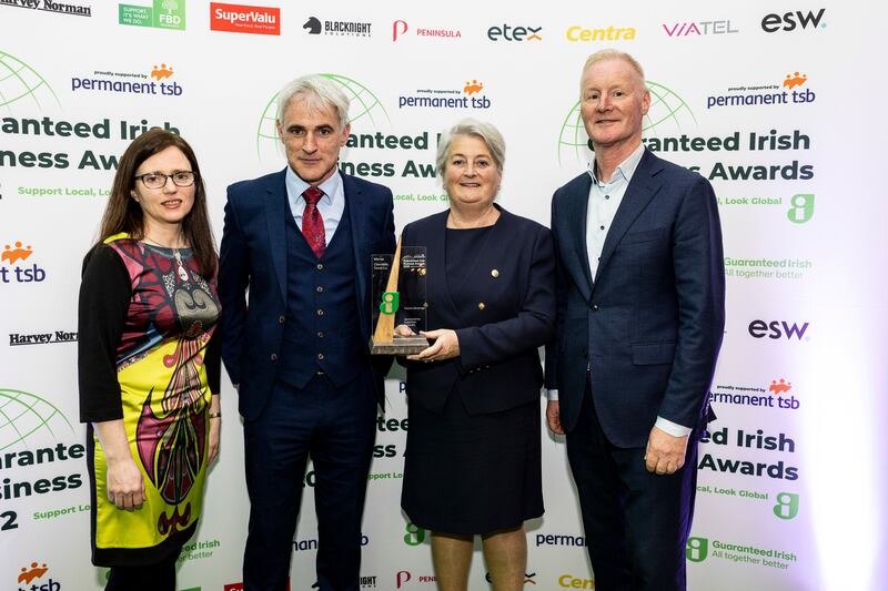 Inaugural winner Clonakilty Food Co.’s Colette Twomey and Cal McCarthy with the award presented by (centre) fresh food buyer, Carmel Biggane and marketing director, Ray Kelly of Musgrave Retail Partners Ireland.